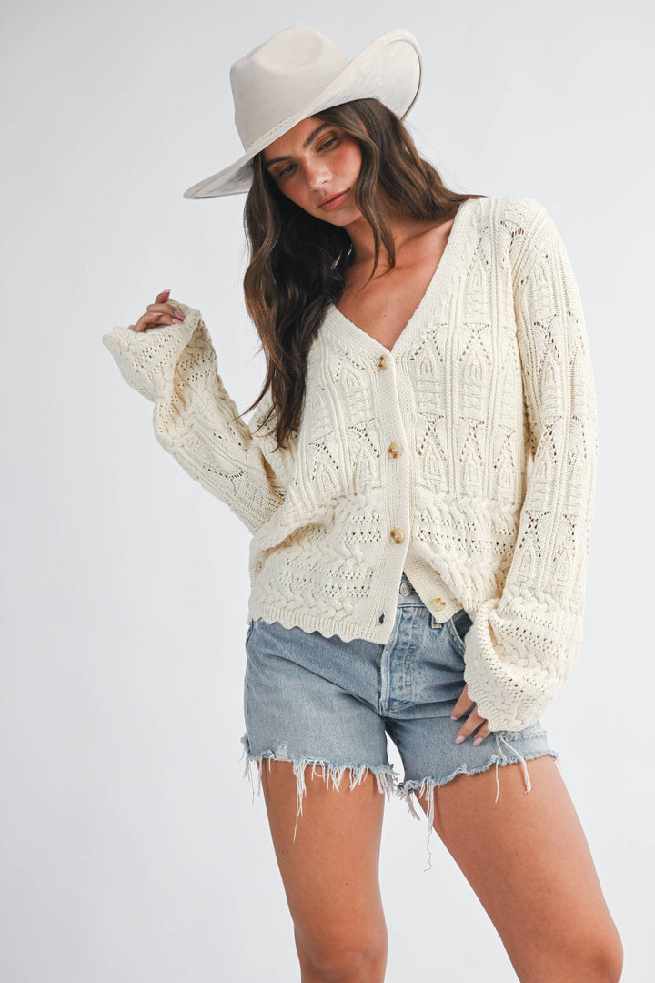5201HK Textured Pointelle Button Front Cardigan Top
