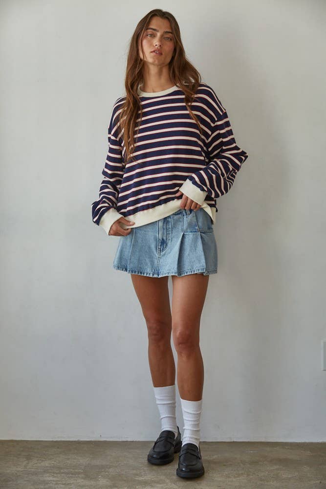 L8745 | Knit Cotton Striped Crew Neck Long Sleeve Sweatshirt
