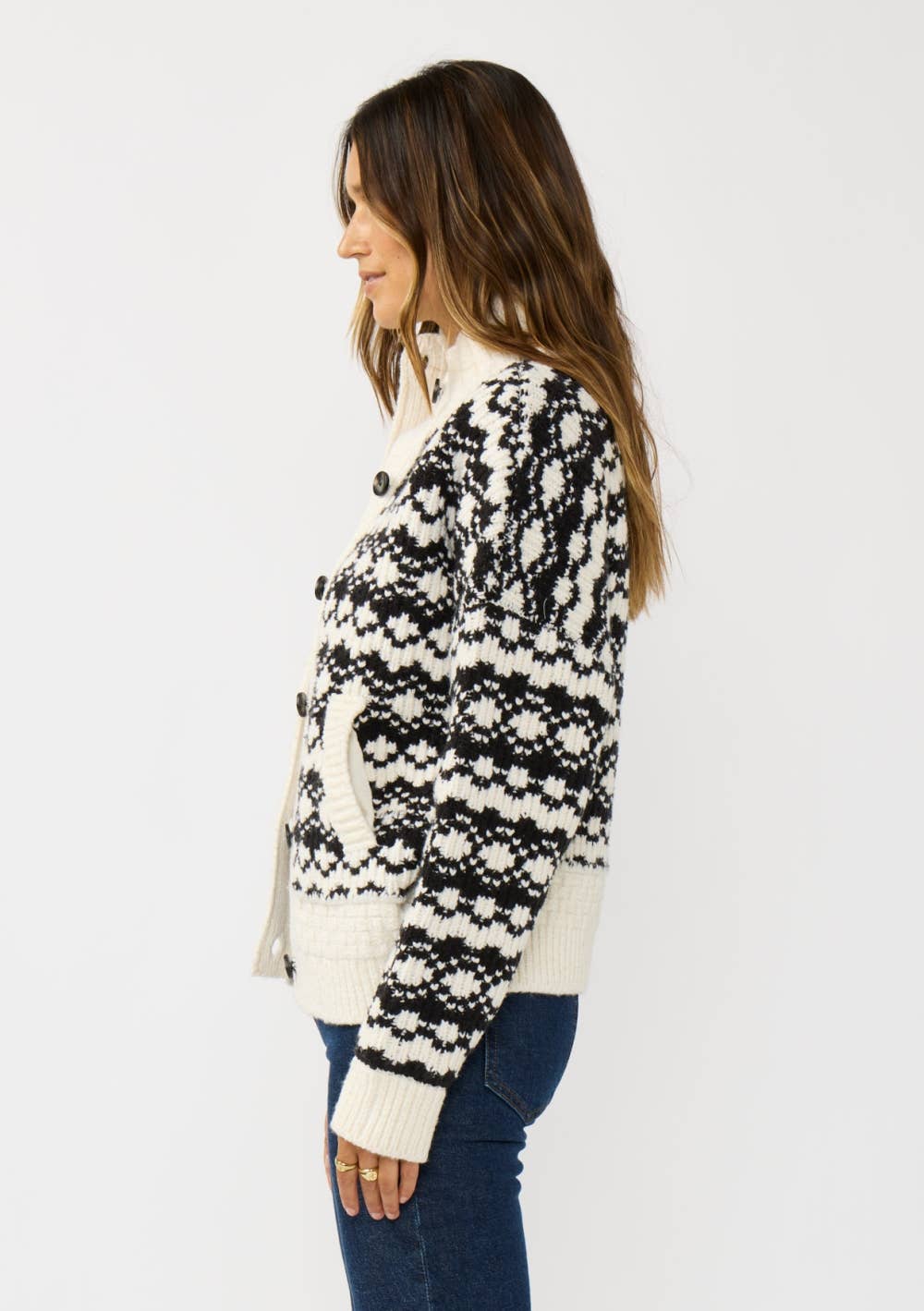 Geo Pattern Button Down Sweater Jacket
