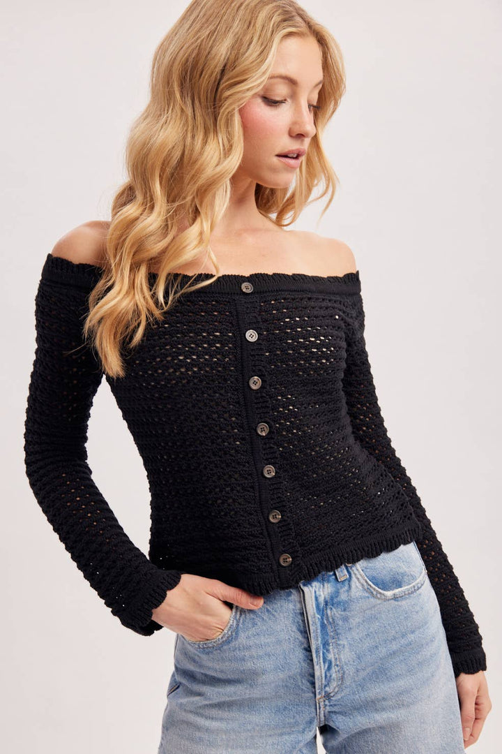 OPEN KNIT SCALLOPED TRIM OFF THE SHOULDER SWEATER TOP
