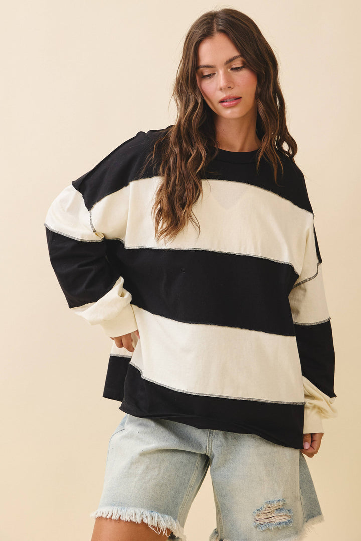 8551GN Contrast Panel Long Sleeve Slouchy Top