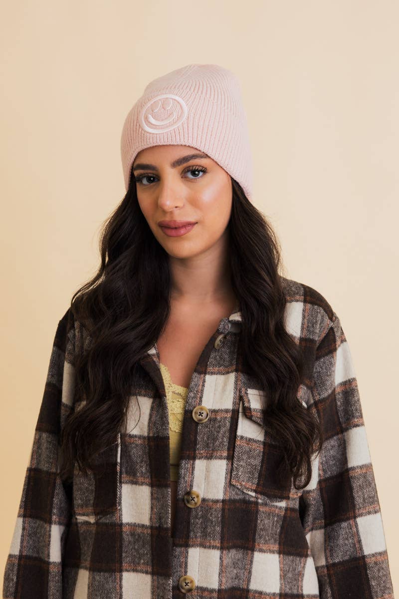 Happy Face Embroidered Ribbed Knit Beanie
