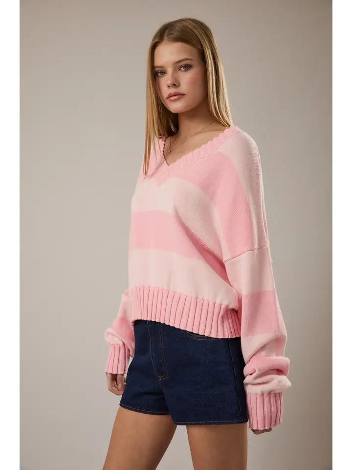 Long Sleeve V-Neck Stripe Crop Sweater
