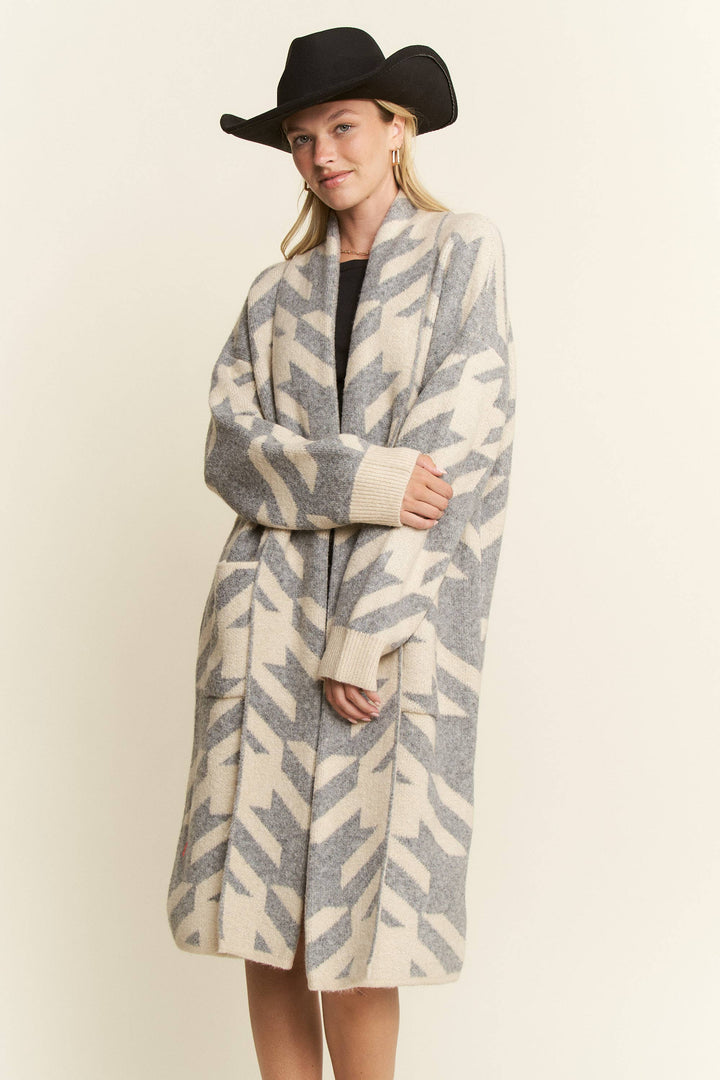 PLUS SIZE GIANT HOUNDSTOOTH PRINT CARDIGAN