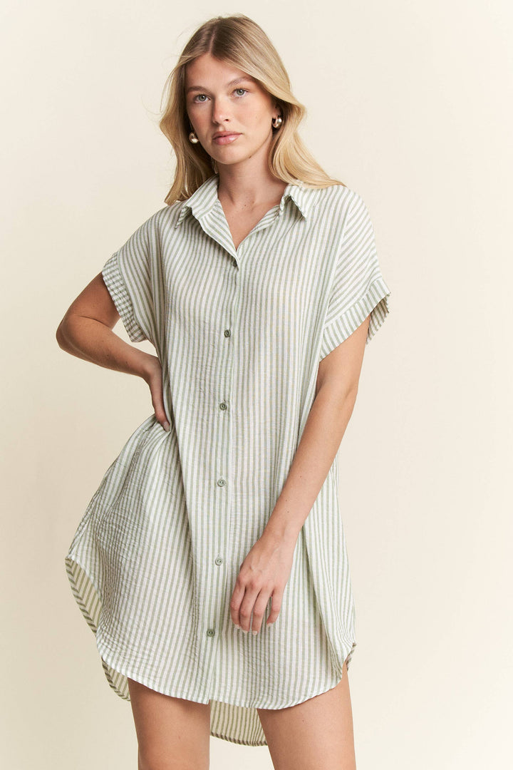 PLUS SIZE STRIPED PASTEL BUTTON DOWN MINI DRESS