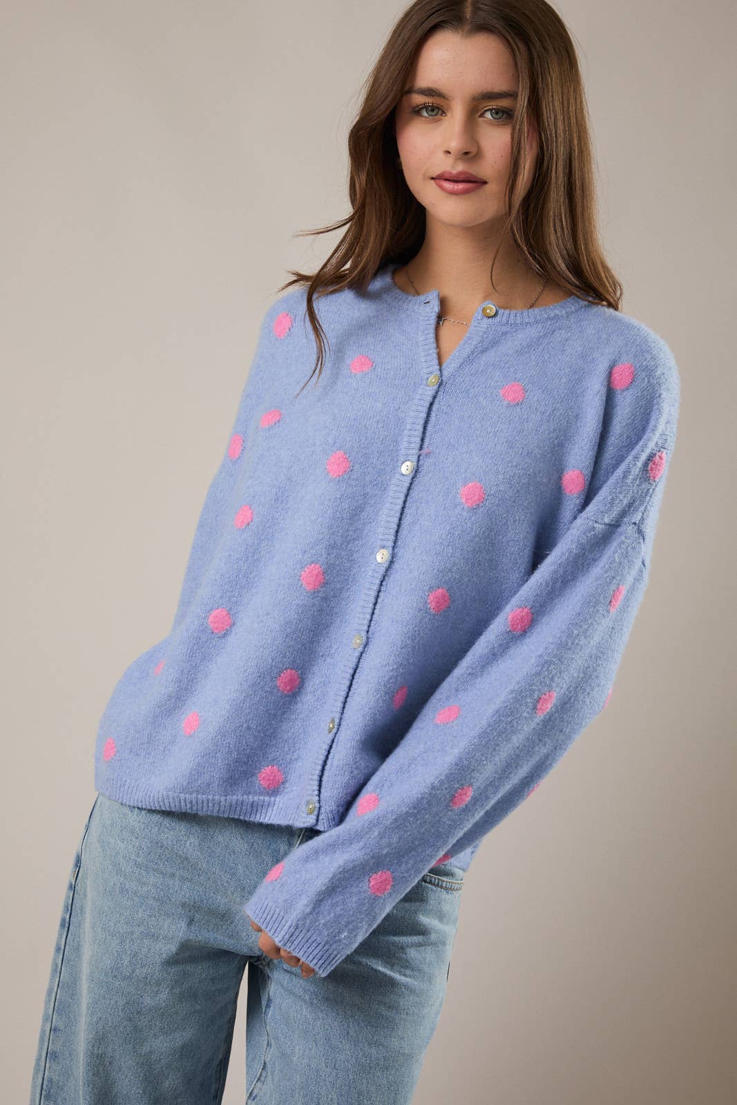 LONG SLEEVE CREW NECK POLKA DOT SWEATER CARDIGAN