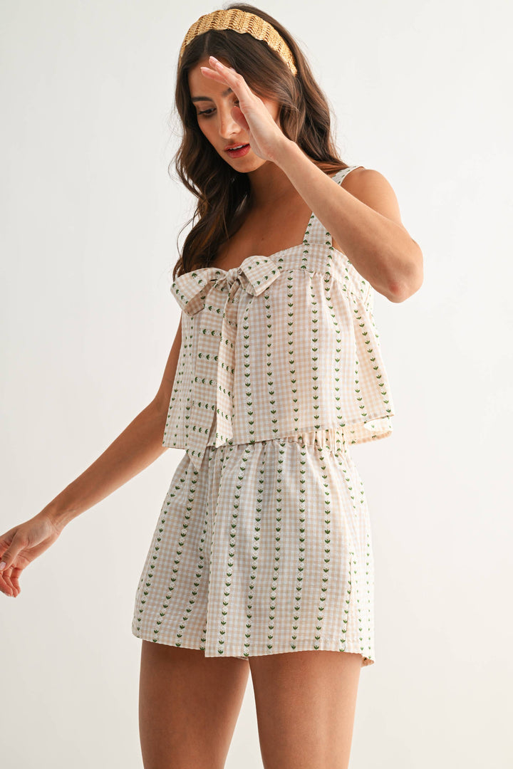 CS10208 Gingham Print Set with Tie-Front Top and Shorts