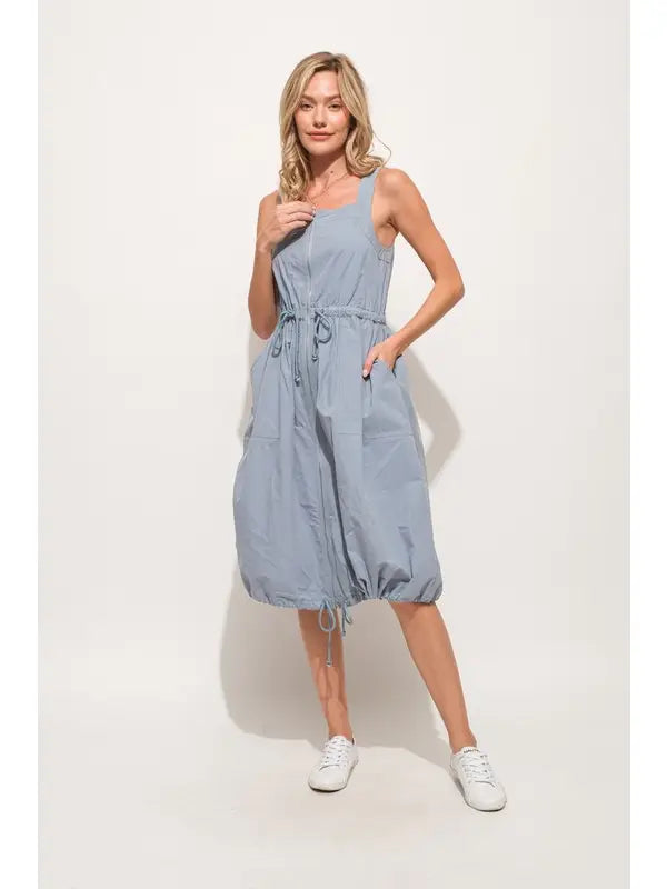 Front Zipper Overall Dress | Adjustable Drawstring Utility Midi Dress