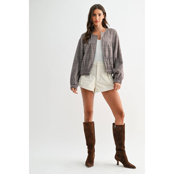PLAID BALLON SLEEVE ZIP-UP JACKET