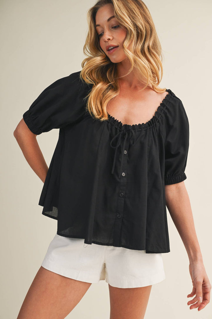 EYELET TRIM NECK PUFF SLEEVE TOP