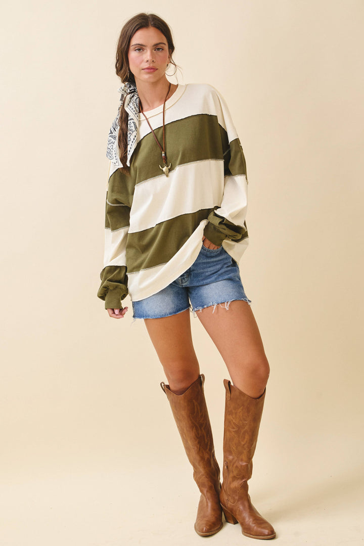 8551GN Contrast Panel Long Sleeve Slouchy Top