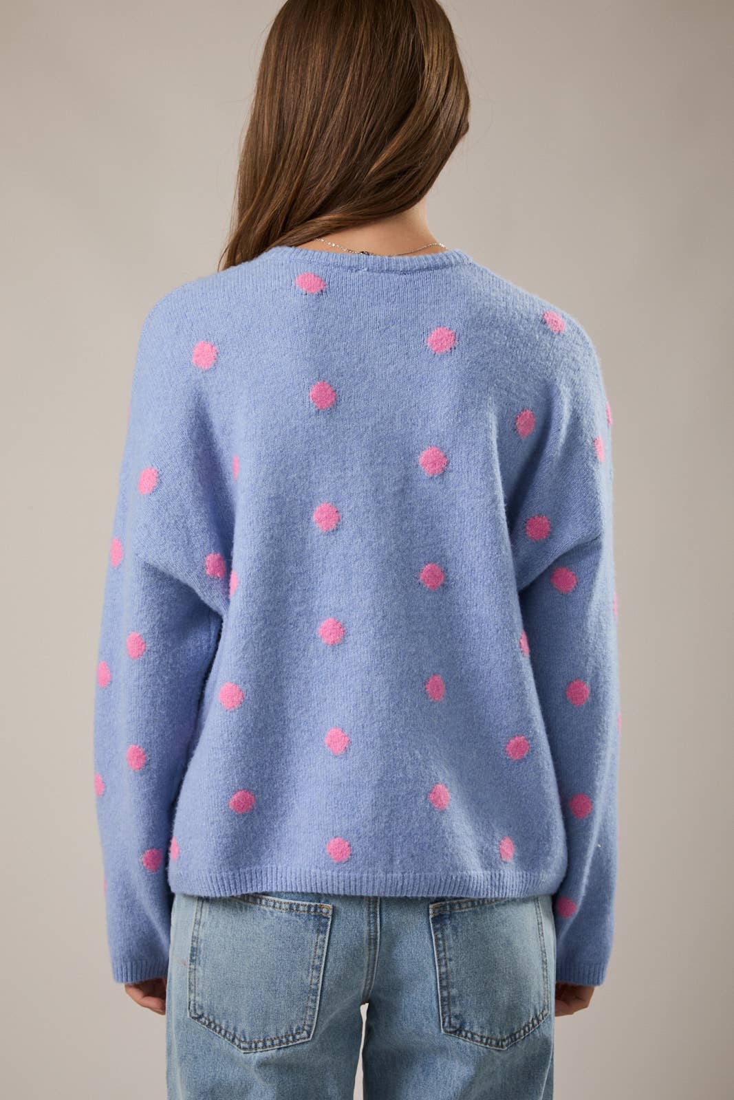 LONG SLEEVE CREW NECK POLKA DOT SWEATER CARDIGAN