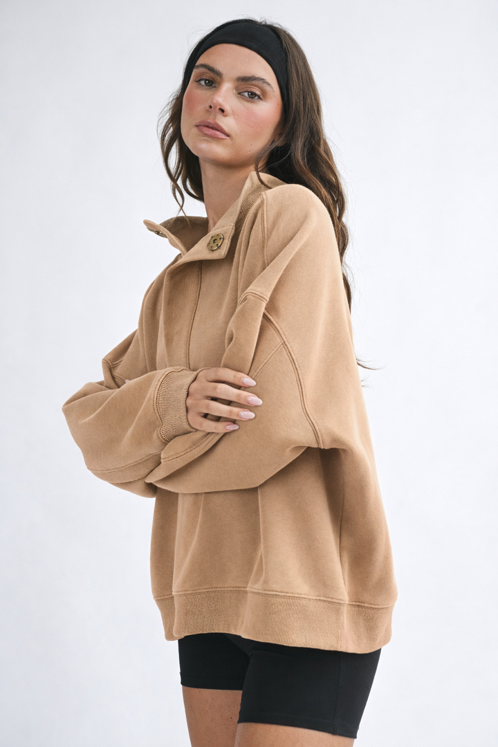 Oversized Snap Neck Pullover Sweatshirt