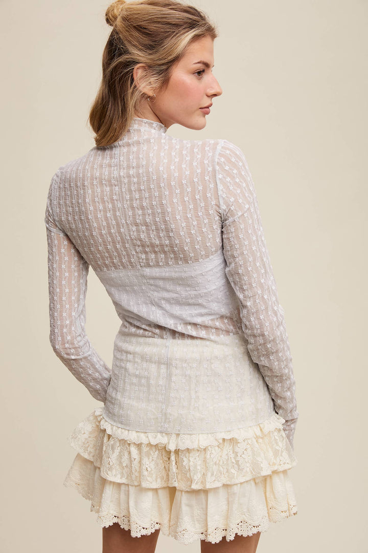 Semi Sheer Textured Lace Long-Sleeve Layering Top LT1424