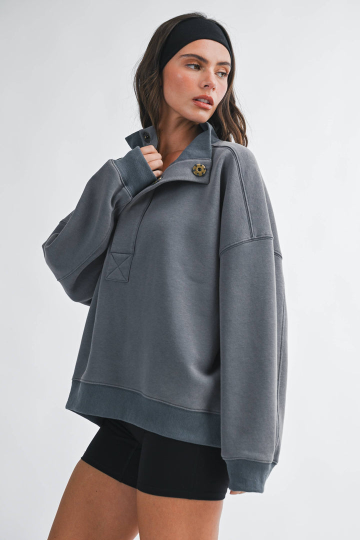 Oversized Snap Neck Pullover Sweatshirt