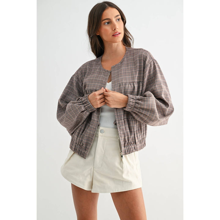 PLAID BALLON SLEEVE ZIP-UP JACKET