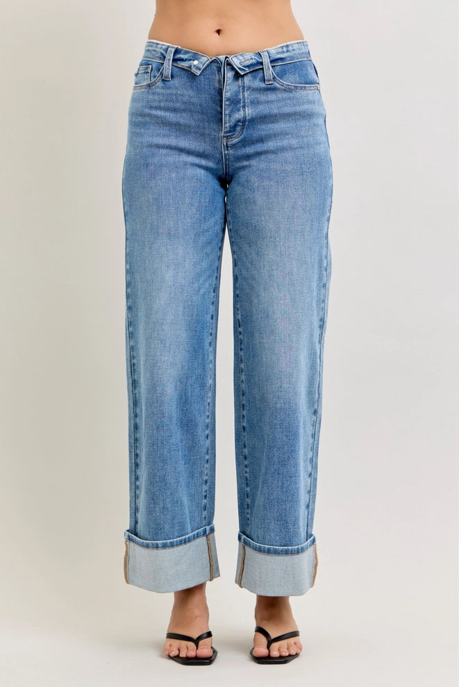 Judy Blue MR Straight Jeans with Fold-Over Waistband