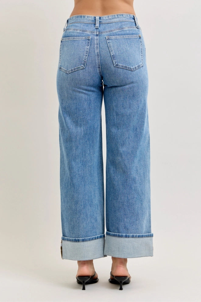 Judy Blue MR Straight Jeans with Fold-Over Waistband